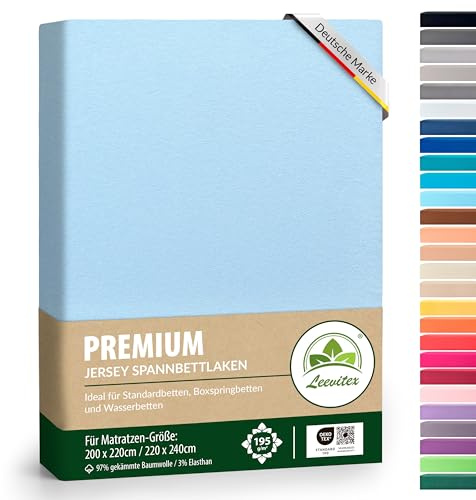 Premium Spannbettlaken für Wasserbetten & Boxspringbett | Spannbetttuch Jersey | 200 x 220 bis 220 x 240 cm | 40cm Steghöhe | 97% Mako-Jersey-Baumwolle | 3% Elastan | 195 g/m² | Hellblau