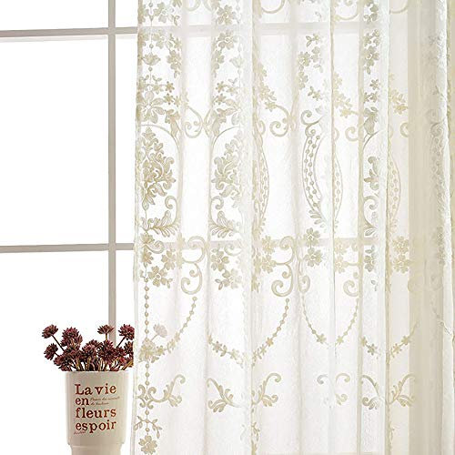 SLOW SOUL Lot de 2 rideaux transparents blancs de style européen brodés en tulle floral européen pour salon, chambre à coucher avec œillets, blanc, 137 x 213 cm