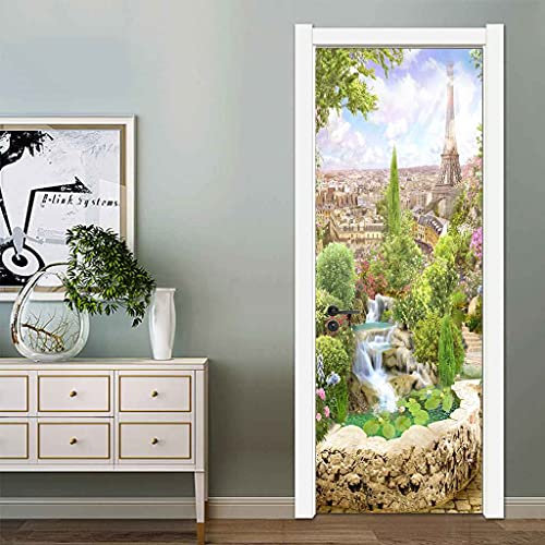 MUCXBE 3D Türaufkleber Wohnzimmer Schlafzimmer Badezimmer Blick Auf Den Pariser Eiffelturm Türtapete Türposter 77x200cm Wandbilder Selbstklebend Tür Poster Vinyl Entfernbar Mauer Aufkleber Zuhause Dek