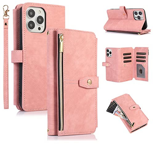 UEEBAI Case for iPhone 13 Pro 6.1 inch, 9 Card Slots Retro Leather Wallet Shockproof Flip Cover with Hand Strap Card Slots Zipper Pocket Kickstand Handbag Magnetic Closure - Vintage Rose Gold