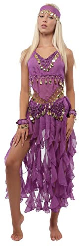 5 Piezas Traje de Danza del Vientre Profesional para Mujer, Conjunto de Accesorios Top y Falda Largas de Gasa para Disfraces India y Fiestas Temáticas, Talla única (Morado)