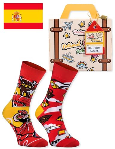Rainbow Socks - Hombre Mujer España Divertidos Calcetines Maleta - 1 Par - Corrida Flamenko Futbol Paella -Talla UE 47-50