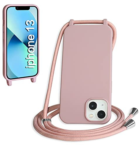 WenBaby Funda con Cuerda para iPhone 13, Líquida Silicona Carcasa con Cordón Ajustable Collar Correa de Cuello, Cubierta Prueba Golpes con Microfibra Forro (Rosa de Arena)