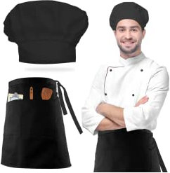 Kochmütze und Taillenschürze Set - Verstellbare Kochmütze und Vorbinder Schürze Mit 2 Taschen, Schwarz - Für Männer Frauen, Bäcker, Küche, Zuhause, Restaurant, Hotel