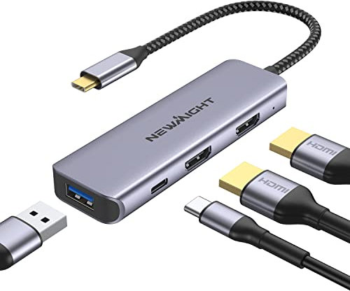 USB C to Dual HDMI Adapter, Newmight 4 in 1 Adapter for Dual Monitors, USB C Hub with 2 4K HDMI, USBA 2.0, 100W PD, Thunderbolt USB C Dock for MacBook, Dell, HP, Lenovo and Other Type C Devices