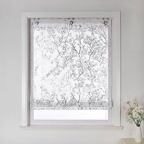 CORLIF Raffrollo mit Ösen ohne Bohren Zweige Muster Raffgardinen mit Heißprägemuster Rollos Gardinen Landhaus Küche Transparente Ösenrollo Modern für Fenster BxH 100x140 cm 1 Stück,Silber