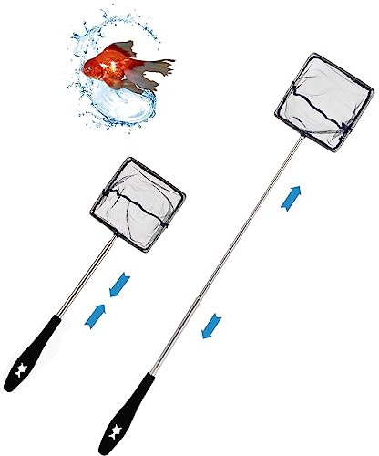 Retino da pesca con manico telescopico, in acciaio inox, per catturare piccoli pesci e gamberetti e pulire l'acquario (nero)