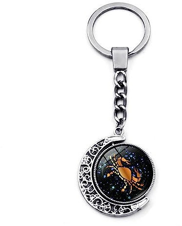 Porte-Clés Lumineux 12 Constellation - Porte-Clés Cabochon En Verre De Lune Rotatif À Double Face, Lion Vierge Balance Scorpion Sagittaire Signes Du Zodiaque Porte-Clés Bijoux