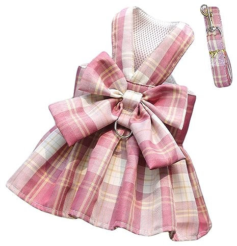 Oyccen Hund Gitter Kleid Geschirr und Leine Set Welpengeschirr Fliege Prinzessin Haustier Kleidung für Kleine Hunde Katzen