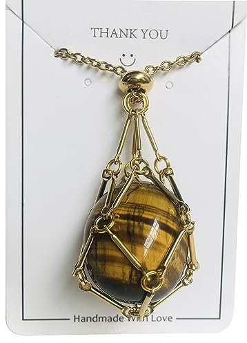 BOSONS Collier porte-pierre en cristal, collier pendentif en cristal de poche en filet creux en acier inoxydable (Gold,Tiger eye)