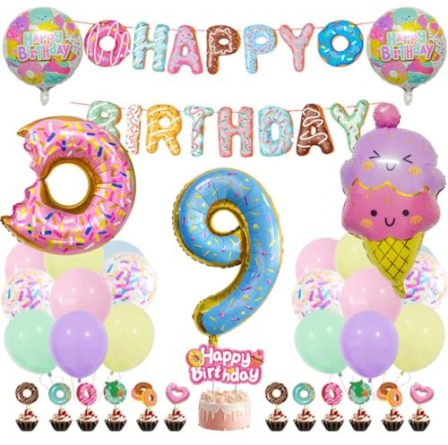 Guoguonb Süße Themen 9. Geburtstag Party Deko Donut Druck Ballon Eiscreme Cupcake Topper Tortendekoration Happy Birthday Banner für 9 Jahr Geburtstagsdeko Kinder Birthday Decorations
