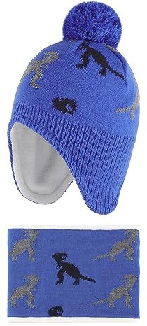 LACOFIA Baby Jungen Wintermütze und Loop Schal Set Kleinkind Winter Warme Earflap Beanie Hut Kinder Fleece Futter Strickmützen und Schlauchschal Set Dinosaurier Blau 6-12 Monate S