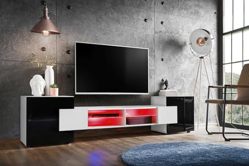 Komodee, Merano Bank TV Schrank, Weiss Weiss Schwarz, LED RGB, Breite 230 cm x Höhe 52,5 cm x Tiefe 35 cm, für Wohnzimmer, Schlafzimmer