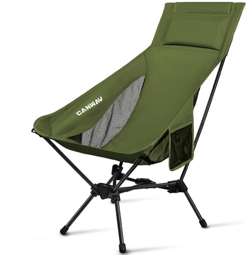 CANWAY Faltbarer Campingstuhl,Ultraleicht Tragbare Campingstuhl, Kleines Packmaß Stuhl mit Tragfähigkeit 180KG Tragkraft,klappstuhl,Strandstuhl (Hochlehner -Armcegrui)
