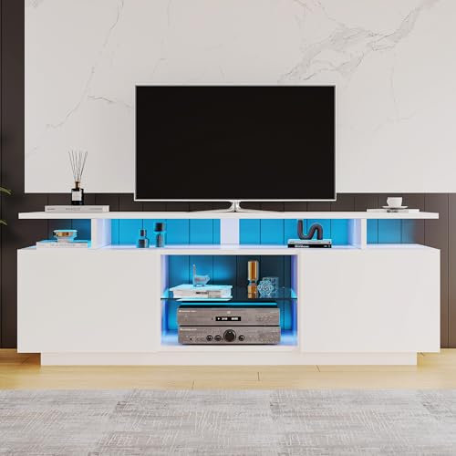 Meuble TV Blanc Moderne avec éclairage LED 16 Couleurs, Longueur 1,4 M. Élégant Meuble TV 60 Pouces, Ruban Lumineux 16 Couleurs, vantail de Porte Brillant avec Compartiment en Verre