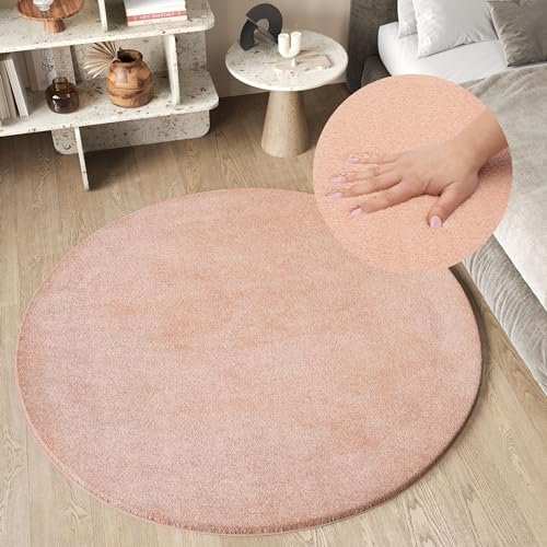TAPISO Cuddle Teppich Rund Hochflor Rosa Lachsfarbe Langflor Shaggy rutschfest Waschbar Wohnzimmer Schlafzimmer Kinderzimmer ÖKOTEX 200 x 200 cm