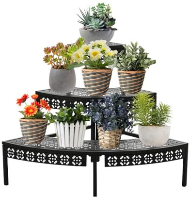 BAOYOUNI Pflanzentreppe 3-stufiges Metall Blumenständer Mehrstöckig Pflanzenregal Blumenregal Eckregal Standregal Deko für Garten, Balkon, Terrasse, Indoor und Outdoor, Schwarz