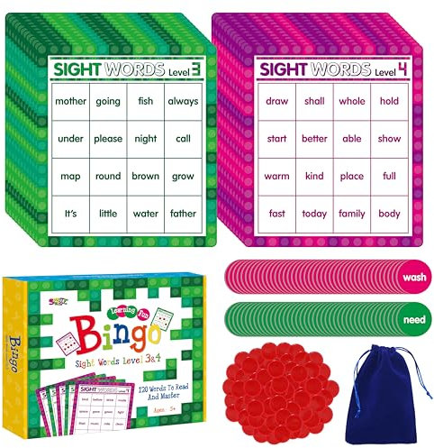 SpriteGru Bingo-Spiel mit Sichtwörtern, 120 Sichtwörter Lernen zu Lesen Stufe 3 & Stufe 4 Bingo-Brettspiel Dolchs & Frys Wortlisten für Kindergarten- und Vorschulkinder 4-8