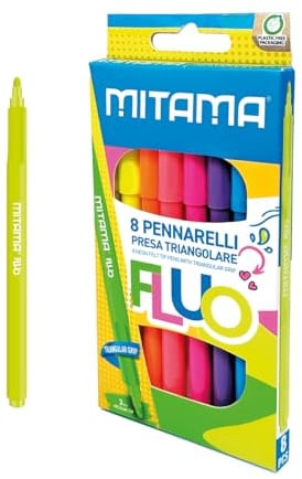 Mitama Pennarelli Fluo - Astuccio da 8 pennarelli - Colori Neon - Tappo anti soffocamento - Punta media 3 mm - Colori Scuola - Pastelli Astuccio Scuola