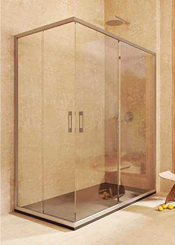 Mampara rectangular 2 correderas + 2 fijos, con perfil inferior, REVERSIBLE, Vidrio seguridad 6mm antical- 72,5-75 x 112,5-115 cm - H= 195cm, Plata