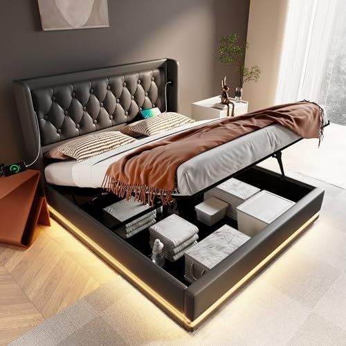 Kayan Polsterbett Stauraumbett Hydraulisches Bettgestell Doppelbett 160x200cm, Bett mit LED Beleuchtung, Gepolstertes Kopfteil mit USB Typ-C Ladefunktion, Ohne Matratze (Schwarz, 160x200cm)