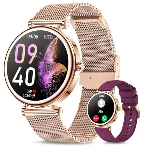 Small Smart Watch for Women with Bluetooth Call, 1.27” Ladies Smart Watch,120+ Sports Modes Step Counter Fitness Watch, HR/BP/SpO2 Sleep Monitor, IP68 Waterproof Smartwatch for Android/iOS Rosegold