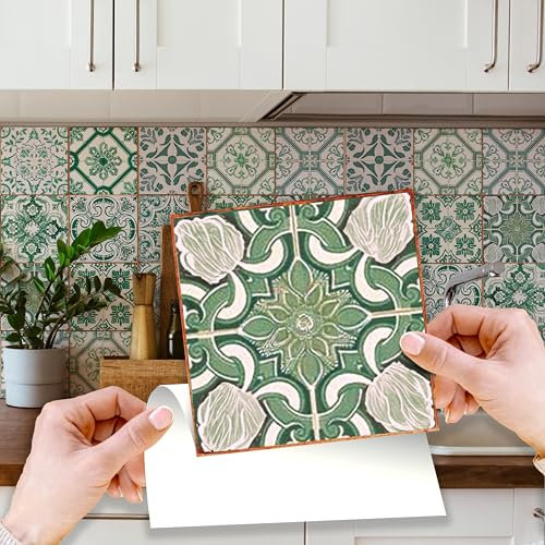 WALPLUS Crédence Adhésive Cuisine 15x15 cm Stickers Carrelage Peler et Coller Carreaux Adhesif Salle de Bain Amovible Vert Vintage Autocollant Carrelage Cuisine Autocollant Carrelage Cuisine 24 Pièces