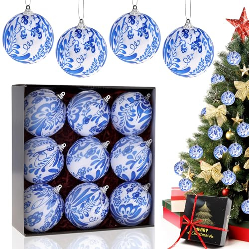 Gresorth 9 Stück Blau und Weiß Weihnachten Kugel Hängend Verzierung Bruchsicher Stoff Eingepackt Christbaumkugel Dekoration Handgefertigt Chinoiserie Anzeigen für Halloween Geburtstag