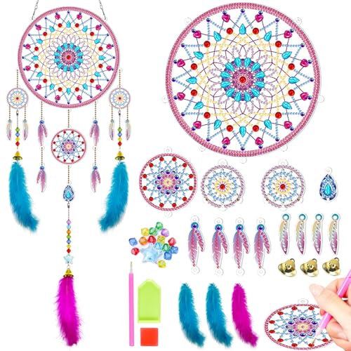 AUNGCSHE Basteln Mädchen 6 7 8 9 10 Jahre, Geschenk Mädchen 5 6 7 8 9 Jahre, Diamond Painting Traumfänger Bastelset ab 4-12 Jahre Kinder Sonnenfänger Basteln Weihnachten Kinderzimmer Deko(A)