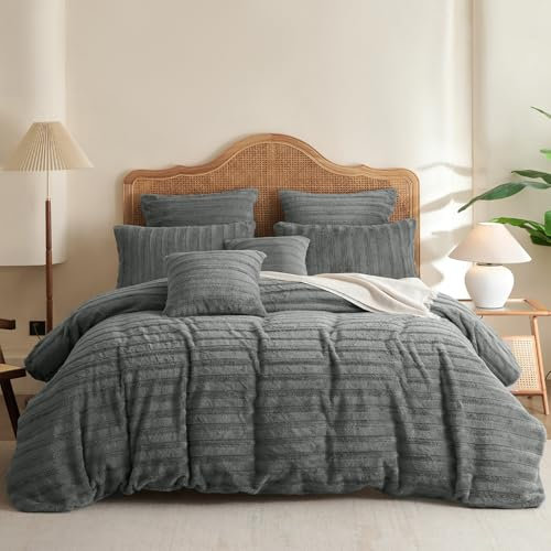 Nyescasa Plüsch Bettwäsche 135x200 Winter Warme Flauschige Kunstfell Flanell Fleece Winterbettwäsche Set Wende Grau Gestreift Bettbezug mit Reißverschluss und 1 Kissenbezug 80x80cm