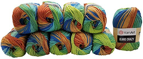 500g Strickwolle Ilkadim Export Jeans Crazy mehrfarbig mit 55% Baumwolle, 10 x 50 Gramm Baumwoll-Strickgarn mit Farbverlauf (türkis grün terrakotta 8209)