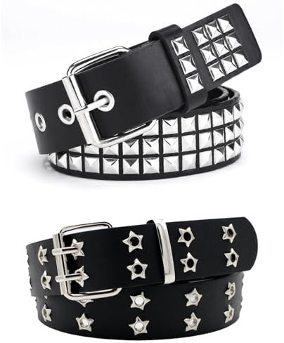 2pcs Studded Gothic Belt - Bright Pyramid Rivets Rock Punk Leather Belt for Jeans Rockwear - Women/Men Gothic Accessories