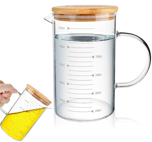 Akamino 1L Glass Measuring Jug,Clear Borosilicate Graduated Glass Mug with V-Shaped Spout,1000ML Measuring Cups with Airtight Lid & Handle for Kitchen Baking,Cooking