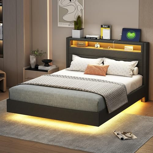 KEYIDE Letto imbottito 140 x 200 cm, con illuminazione a LED e ricarica USB, letto matrimoniale con testiera e rete a doghe, letto per ragazzi, in lino, senza materasso (grigio 1, 140 x 200 cm)