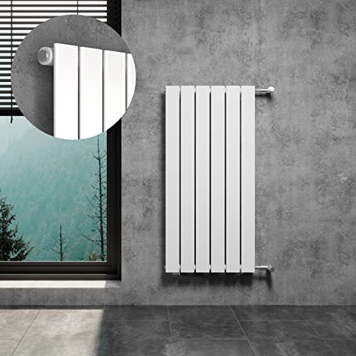 WITEN&NOCK Designheizkörper Flach Paneelheizkörper Weiß 460 x 950 mm Einlagig mit Seitenanschluss Austauschheizkörper Nabenabstand 900 mm inkl. Thermostatventile