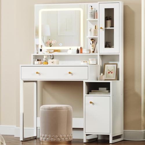 HOOBRO Schminktisch mit Spiegel, Schminktisch mit LED-Beleuchtung, 3 Farbtemperaturen, Frisiertisch, Kosmetiktisch mit Schublade, modern, Metallrahmen, für Schlafzimmer, Weiß EWT90DSZ01