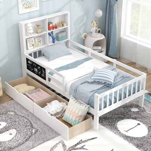 COSTWAY Wooden Kids Bed Frame with 2 Storage Drawers, Bookcase Headboard, Blackboard, Full-Length Guardrails, Single Toddler Floor Bed for Boys Girls
