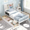 COSTWAY Wooden Kids Bed Frame with 2 Storage Drawers, Bookcase Headboard, Blackboard, Full-Length Guardrails, Single Toddler Floor Bed for Boys Girls