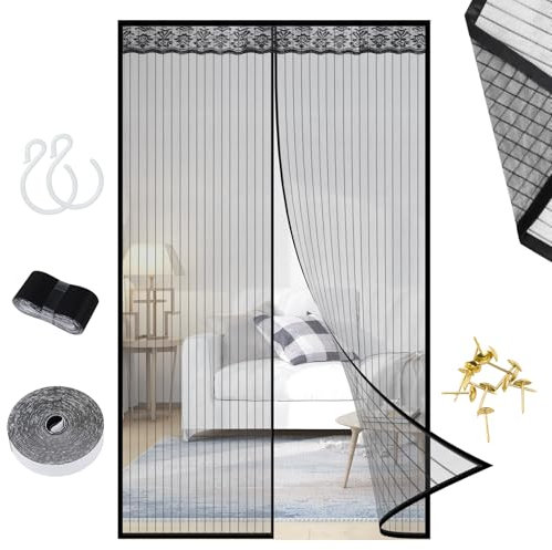 Zanzariera per porta balcone magnetica 100x210cm, tenda anti-insetti con magneti più potenti senza forare, per porta balcone/finestra con nastro in velcro (nero)