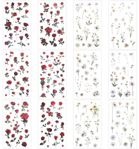 Ymapinc 12 Blatt Blumen Sticker Blumen Aufkleber Set Aesthetic Selbstklebend Scrapbook Stickers Wasserfeste Sticker Fotoalbum für DIY Tablet Laptop Tasse Grußkarte Umschlag Deko(Rose Gänseblümchen)