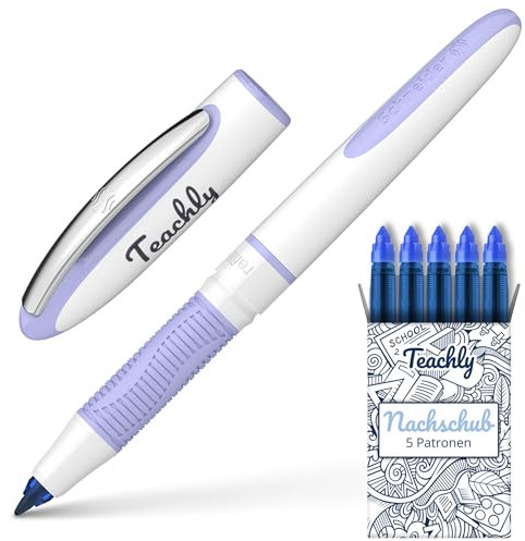 Teachly Superstudent Tintenroller - Nachfüllbarer Stift für Uni, Schule & Büro (Flieder) - Inkl. 7 Tintenpatronen (Blau)
