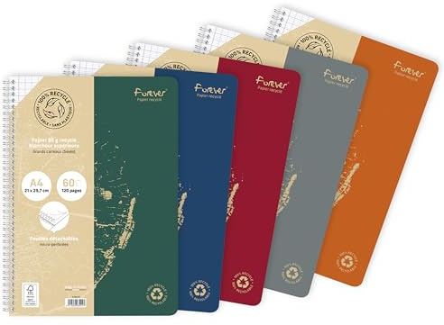 Clairefontaine 68401C - Packung mit 5 Spiralheften Forever DIN A4, 21x29,7 cm, 90g Recycling Papier, 60 Blatt französische Lineatur, farbig sortiert, 5 Stück