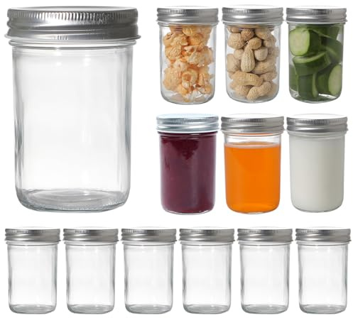 Hniuyun 12 Pack 8 oz (240ml) Mason Jars with Regular Lids – Clear Glass Canning Jars for Pickling, Jam, Fermenting, Overnight Oats & Party Favors | Food Storage Containers