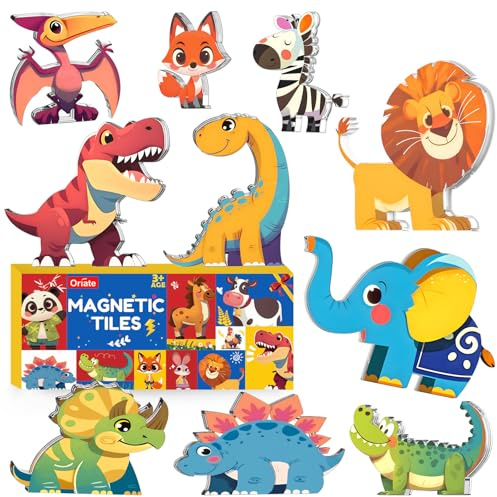 Oriate Dinosaur & Safari Animal Magnetic Tiles, 10pcs Jungle Animals Dinosaurs Construction Tiles Compatible for Kids Magnet Tile Blocks Building Pretend Play STEM Educational Toy