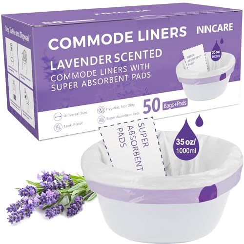 ININCARE Doublures de chaise percée avec coussinets absorbants pour chaise percée de chevet, 50 doublures et coussinets parfumés à la lavande, sacs de toilette pour toilettes portables, housses de