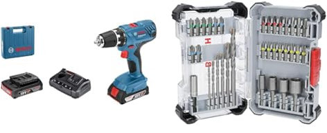 Bosch Professional 18V System Akku Bohrschrauber GSR 18V-21 (max. Drehmoment: 55 Nm, inkl. 2x 2.0Ah Akku, Ladegerät) + 35x Extra Hard Schrauberbit‑ und CYL-3 Bohrer-Set (197 x 110,5 mm)