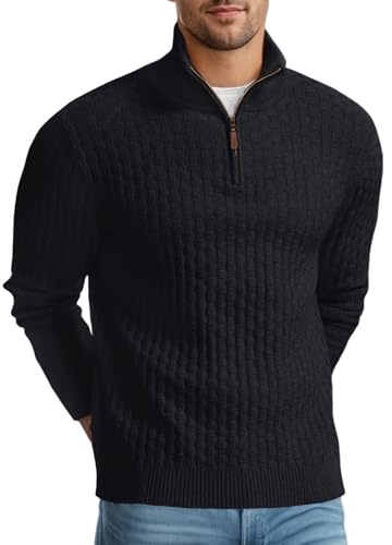 QIXING Herren Viertelzip Waffelstrick Strickpullover Halbhoher Kragen Dicker Winterpulli Casual mit 1/4-Reißverschluss (Schwarz, L)
