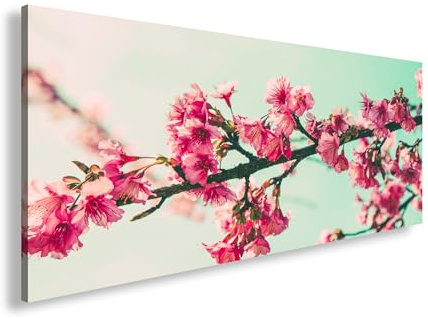 Leinwandbild Kirschblüten erwachen im sanften Türkis des Frühlingshimmels. Panorama 120x60cm XXL Wandbild auf Keilrahmen/Kunstdruck/Bild Wohnzimmer Dekoration