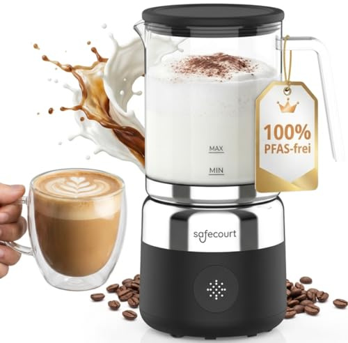 Safecourt Milchaufschäumer elektrisch spülmaschinenfest - Elektrischer Milchaufschäumer Induktion [500ml Glasbehälter abnehmbar] - Milchschaum [Baristaqualität] - 7 Funktionen - Schwarz