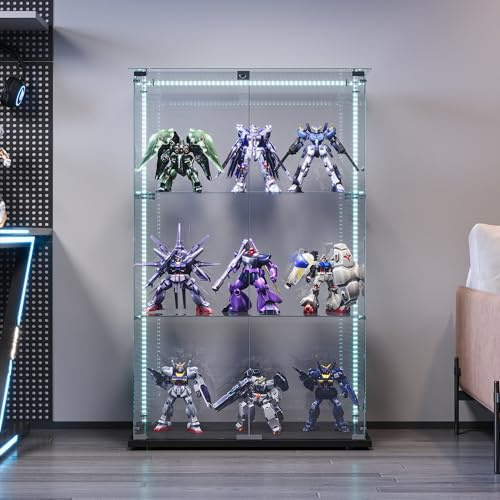 KOOPMAD Glasvitrine Standvitrine,Glasvitrine Schrank mit 2 Tür und LED-Lichtband,3-Stöckige,glasschrank für Wohnzimmer, Büro,Schlafzimmer,78x35x123cm,Einfach zu Montieren, Schwarz